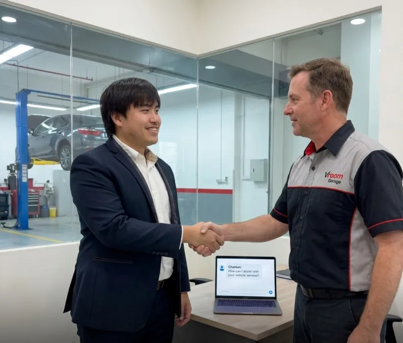 Joshua Lim handing over a customer service chatbot to Vroom Garage at their workshop